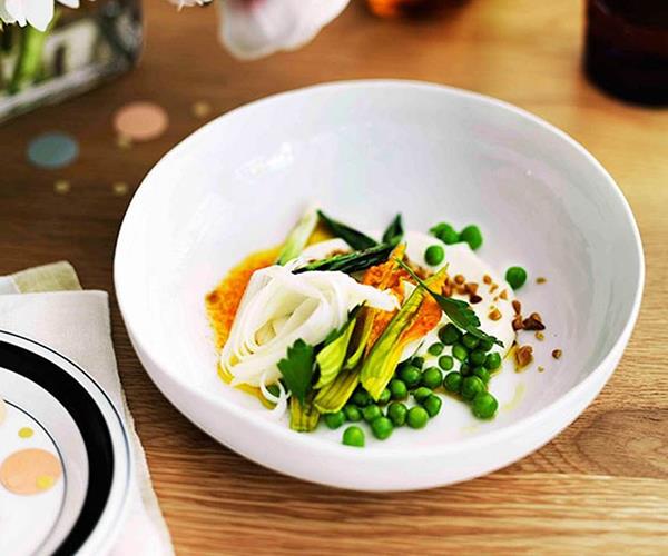 [Pea salad, curd, pine nuts, blossoms, white asparagus and carrot juice dressing](https://www.gourmettraveller.com.au/recipes/browse-all/pea-salad-curd-pine-nuts-blossoms-white-asparagus-and-carrot-juice-dressing-11227|target="_blank")
