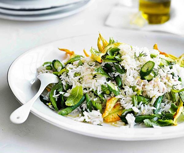 [Rice salad with zucchini flowers, peas, beans and mint](https://www.gourmettraveller.com.au/recipes/browse-all/rice-salad-with-zucchini-flowers-peas-beans-and-mint-11606|target="_blank")