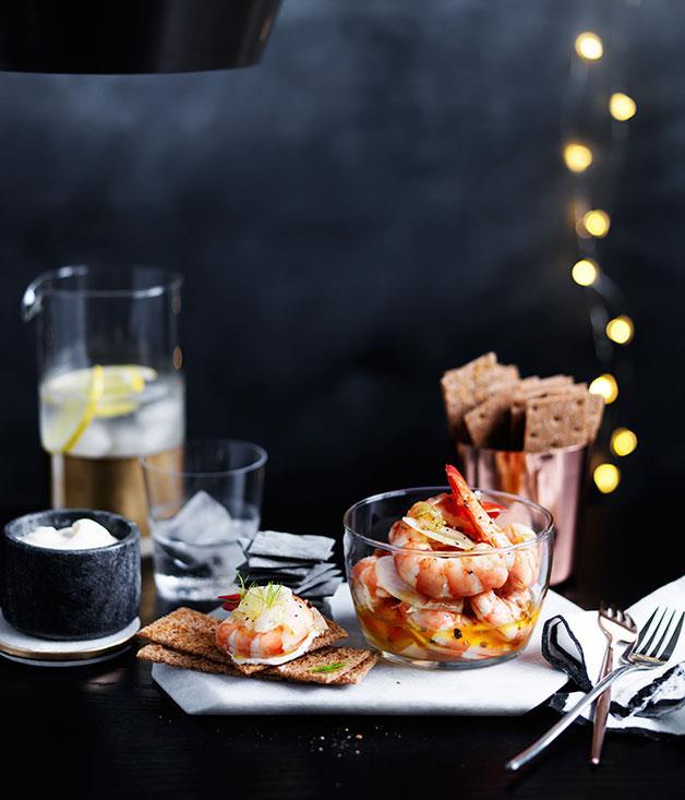 **[Pickled prawns and fennel with rye crackers](https://www.gourmettraveller.com.au/recipes/browse-all/pickled-prawns-and-fennel-with-rye-crackers-12389|target="_blank")**