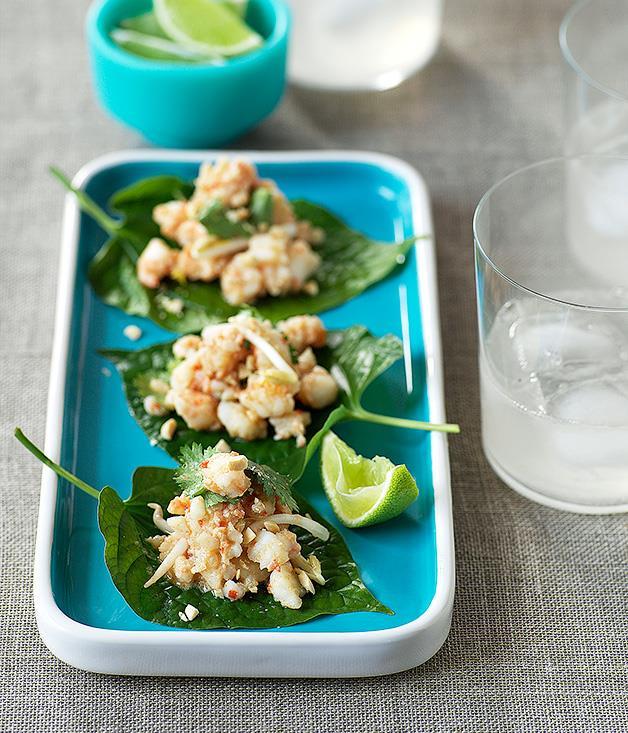 **[Betel leaves topped with prawns and galangal](https://www.gourmettraveller.com.au/recipes/fast-recipes/betel-leaves-topped-with-prawns-and-galangal-9513|target="_blank")**