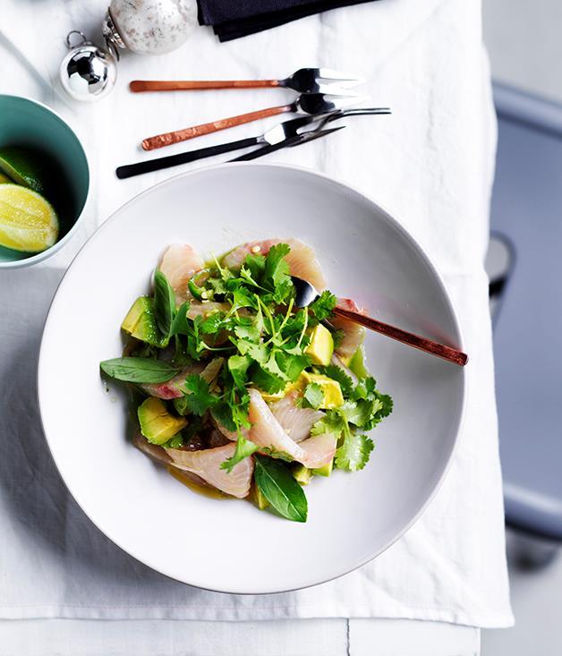 [White fish crudo with avocado, herbs and cucumber-lime dressing](https://www.gourmettraveller.com.au/recipes/browse-all/white-fish-crudo-with-avocado-herbs-and-cucumber-lime-dressing-12656|target="_blank")