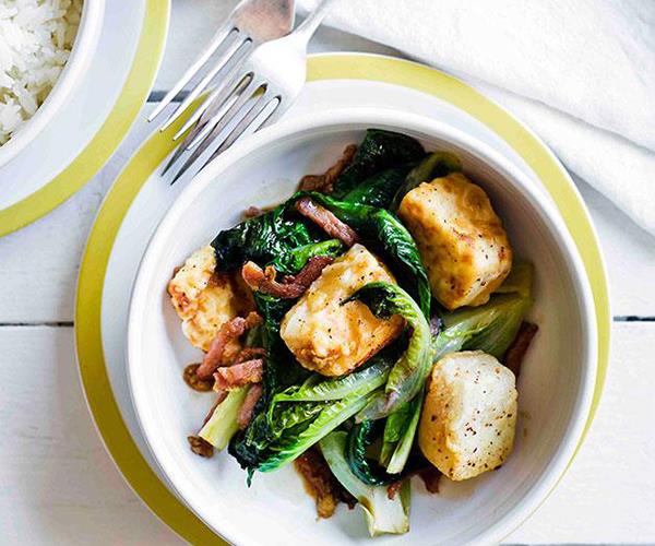 **[Deep-fried tofu with stir-fried lettuce and bacon](https://www.gourmettraveller.com.au/recipes/fast-recipes/deep-fried-tofu-with-stir-fried-lettuce-and-bacon-13316|target="_blank")**
