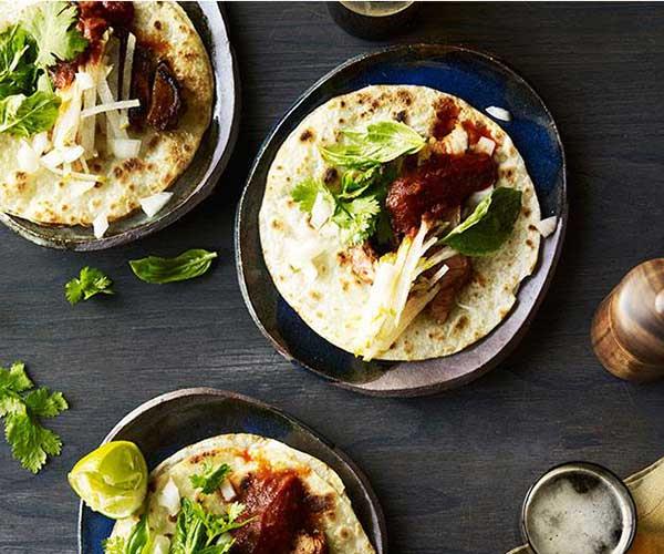 [**Ghostboy Cantina's pork tacos with salsa roja and nashi**](https://www.gourmettraveller.com.au/recipes/chefs-recipes/ghostboy-cantinas-pork-tacos-with-salsa-roja-and-nashi-9271|target="_blank")