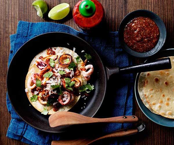 **[Calamari tacos with chilli sauce](https://www.gourmettraveller.com.au/recipes/chefs-recipes/calamari-tacos-with-chilli-sauce-7766|target="_blank")**