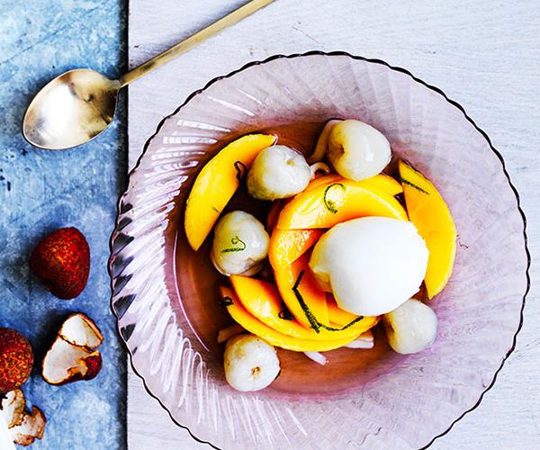 [Lychee and mango with lime-coconut syrup and lemon gelato](http://www.gourmettraveller.com.au/recipes/browse-all/lychee-and-mango-with-lime-coconut-syrup-and-lemon-gelato-12428|target="_blank")