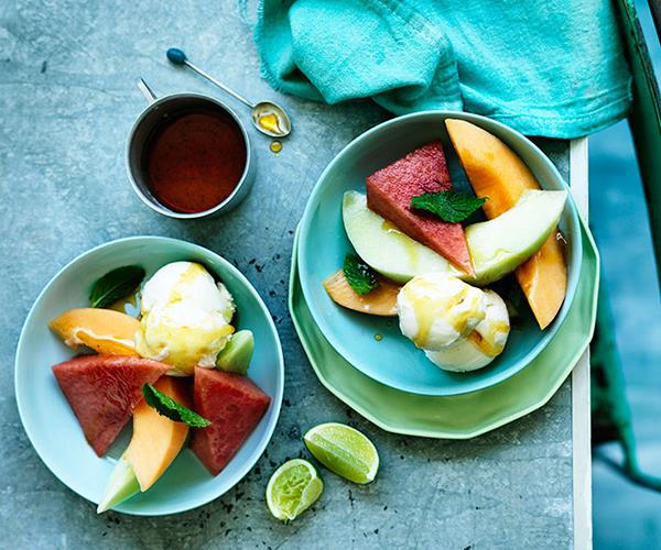 [Melon and frozen yoghurt sundae with lime-vanilla caramel](http://www.gourmettraveller.com.au/recipes/fast-recipes/melon-and-frozen-yoghurt-sundae-with-lime-vanilla-caramel-13689|target="_blank")