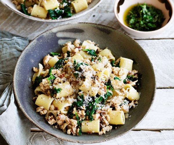 **[Rigatoni with chicken ragù and green sauce](https://www.gourmettraveller.com.au/recipes/fast-recipes/rigatoni-with-chicken-ragu-and-green-sauce-13811|target="_blank")**