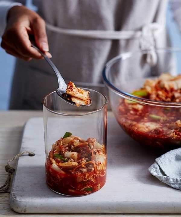 Store your kimchi in a cool, dark spot and let it ferment for 48 to 72 hours.