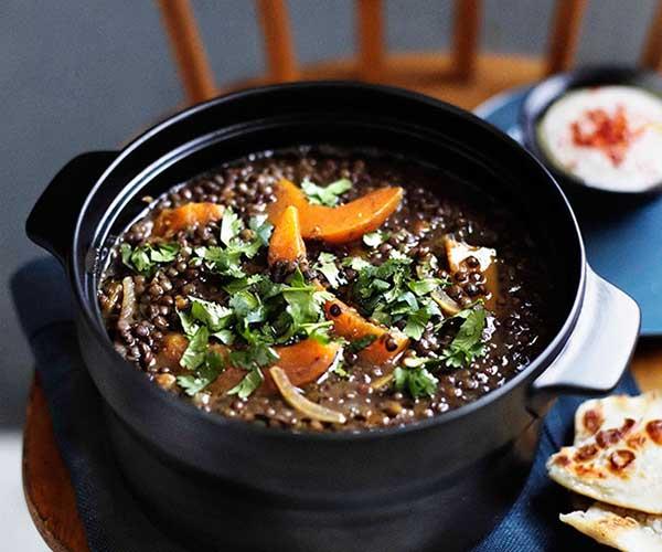**[Green lentil soup with pumpkin and harissa](https://www.gourmettraveller.com.au/recipes/chefs-recipes/brigitte-hafner-green-lentil-soup-with-pumpkin-and-harissa-7393|target="_blank")**