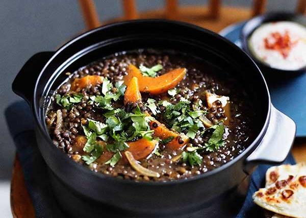 Green lentil soup with pumpkin and harissa