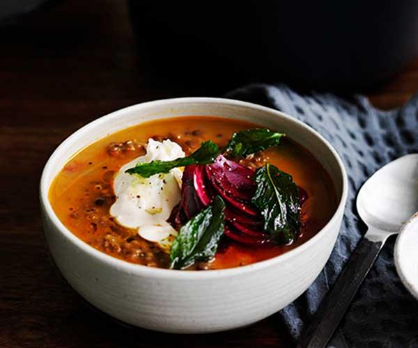 **[Persian red lentil soup with tahini, beetroot and fried mint](https://www.gourmettraveller.com.au/recipes/browse-all/persian-red-lentil-soup-with-tahini-beetroot-and-fried-mint-12513|target="_blank")**