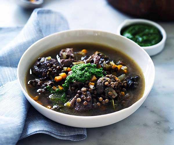 [**Duck, lentil and snail soup with garlic and parsley oil**](https://www.gourmettraveller.com.au/recipes/browse-all/duck-lentil-and-snail-soup-with-garlic-and-parsley-oil-11342|target="_blank")
