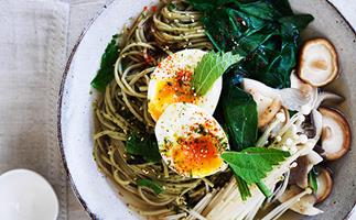 Matcha noodles with miso broth and soft egg