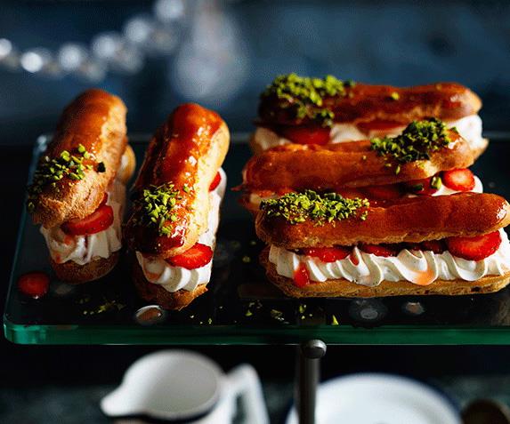 **[Crushed strawberry and pistachio éclairs](https://www.gourmettraveller.com.au/recipes/browse-all/crushed-strawberry-and-pistachio-eclairs-12606|target="_blank")**
