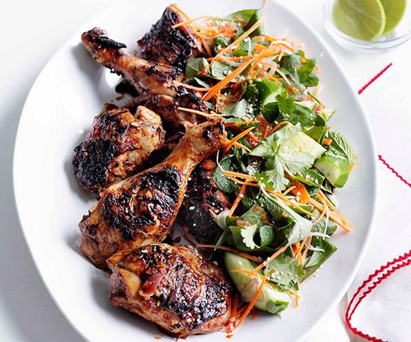 **[Grilled chicken with cucumber, carrot and Asian herb salad](https://www.gourmettraveller.com.au/recipes/fast-recipes/grilled-chicken-with-cucumber-carrot-and-asian-herb-salad-13203|target="_blank")**