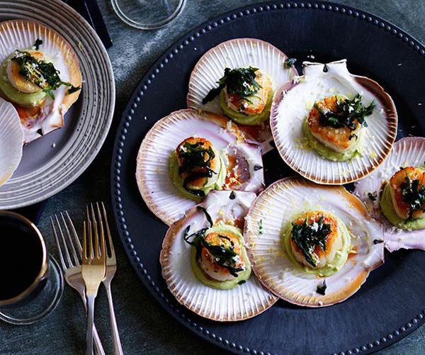[**Roast scallops, avocado purée and seaweed**](https://www.gourmettraveller.com.au/recipes/chefs-recipes/roast-scallops-avocado-puree-and-seaweed-7958|target="_blank")
