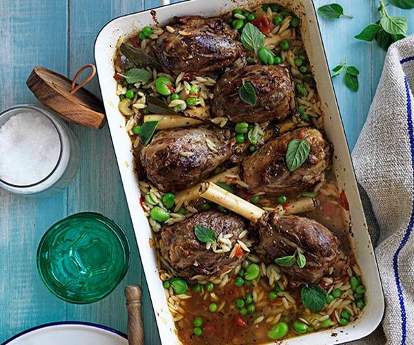 **[Oregano-braised lamb shanks with broad beans, peas and orzo](https://www.gourmettraveller.com.au/recipes/browse-all/oregano-braised-lamb-shanks-with-broad-beans-peas-and-orzo-10959|target="_blank")**