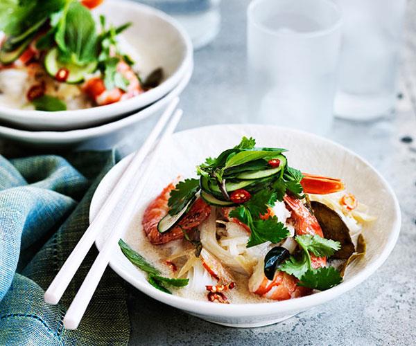 **[Coconut-poached prawns, rice noodles and Asian herb salad](https://www.gourmettraveller.com.au/recipes/fast-recipes/coconut-poached-prawns-rice-noodles-and-asian-herb-salad-13531|target="_blank")**