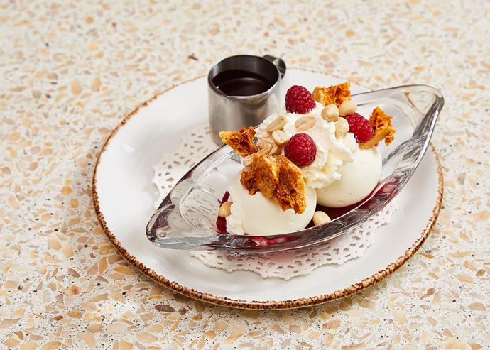 The updated take on Hong's hot fudge sundae featuring raspberries, peanuts and honeycomb.