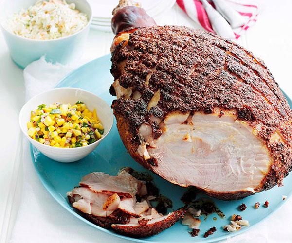 [**Spice-crusted ham with mango salsa**](https://www.gourmettraveller.com.au/recipes/browse-all/spice-crusted-ham-with-mango-salsa-10323|target="_blank")
