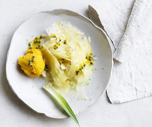 **[Pineapple carpaccio with mango sorbet](https://www.gourmettraveller.com.au/recipes/healthy-recipes/pineapple-carpaccio-with-mango-sorbet-15629|target="_blank")**