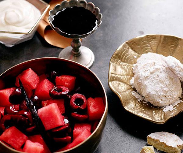 [**Watermelon, cherry and rose salad with shortbread, yoghurt and cherry syrup**](https://www.gourmettraveller.com.au/recipes/browse-all/watermelon-cherry-and-rose-salad-with-shortbread-yoghurt-and-cherry-syrup-10603|target="_blank")
