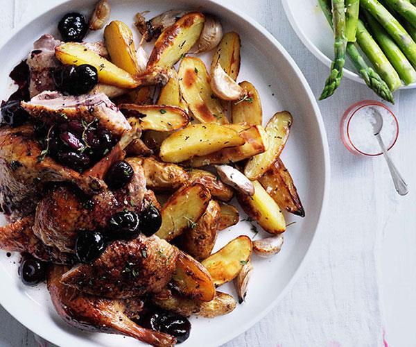 [**Roast duck with cherries and roast kipfler potatoes**](https://www.gourmettraveller.com.au/recipes/browse-all/roast-duck-with-cherries-and-roast-kipfler-potatoes-10611|target="_blank")
