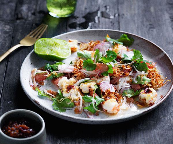 **[Prawn and pomelo salad with roasted chilli dressing](https://www.gourmettraveller.com.au/recipes/browse-all/prawn-and-pomelo-salad-with-roasted-chilli-dressing-12693|target="_blank")**
