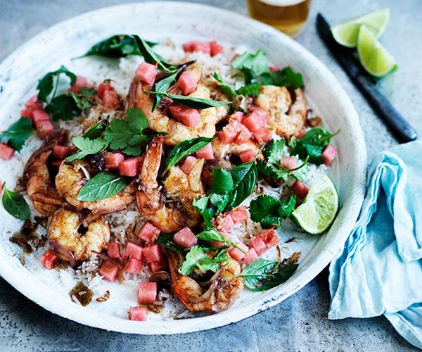 **[Grilled prawns with tamarind, coconut rice and watermelon](https://www.gourmettraveller.com.au/recipes/fast-recipes/grilled-prawns-with-tamarind-coconut-rice-and-watermelon-13776|target="_blank")**