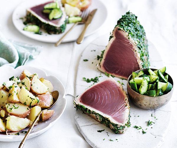 **[Seared tuna with dill cucumbers and potato salad](https://www.gourmettraveller.com.au/recipes/browse-all/seared-tuna-with-dill-cucumbers-and-potato-salad-12931|target="_blank")**