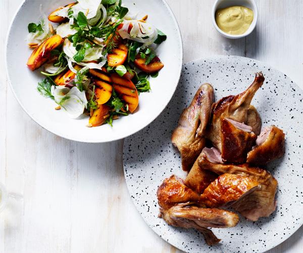 Roasted mustard-glazed duck with peach, fennel and almond salad by Ben Russell 