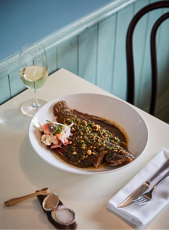 *Pan-roasted whole flounder, hazelnut brown butter, pickle salad. Photo: Ben Hansen*