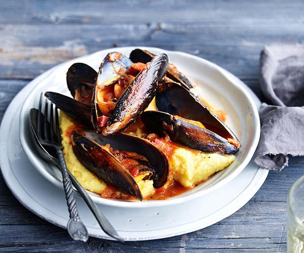 **[Mussels with buttered polenta](https://www.gourmettraveller.com.au/recipes/fast-recipes/mussels-with-buttered-polenta-13376|target="_blank")**