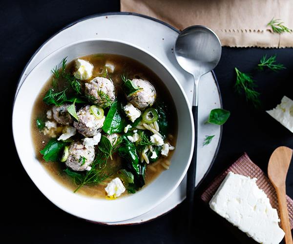 **[Tiny chicken meatball and orzo soup with silverbeet and feta](https://www.gourmettraveller.com.au/recipes/browse-all/tiny-chicken-meatball-and-orzo-soup-with-silverbeet-and-feta-12234|target="_blank"|rel="nofollow")**