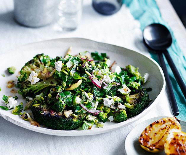 Char-grilled broccoli with feta and charred-lemon dressing