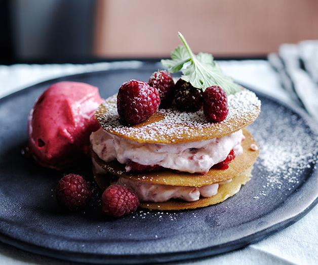 **[Stephanie Alexander's raspberry and rose-geranium sorbet with honey wafers, raspberries and cream](https://www.gourmettraveller.com.au/recipes/chefs-recipes/stephanie-alexanders-raspberry-and-rose-geranium-sorbet-with-honey-wafers-raspberries-and-cream-8535|target="_blank")**