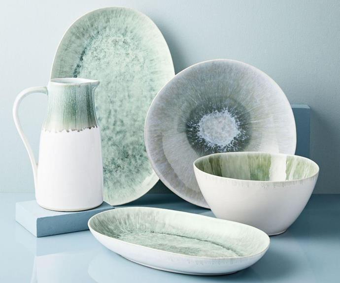 **Reactive glaze large oval platter, dusty mint, $79, from [West Elm](https://www.westelm.com.au/reactive-glaze-serveware-e1369?quantity=1&attribute_1=Large%20Oval%20Platter|target="_blank"|rel="nofollow").** 

Seeking a one-of-a-kind platter? Each of these are finished with a reactive glaze that results in a characteristic variegated colouring. It's a stunner.