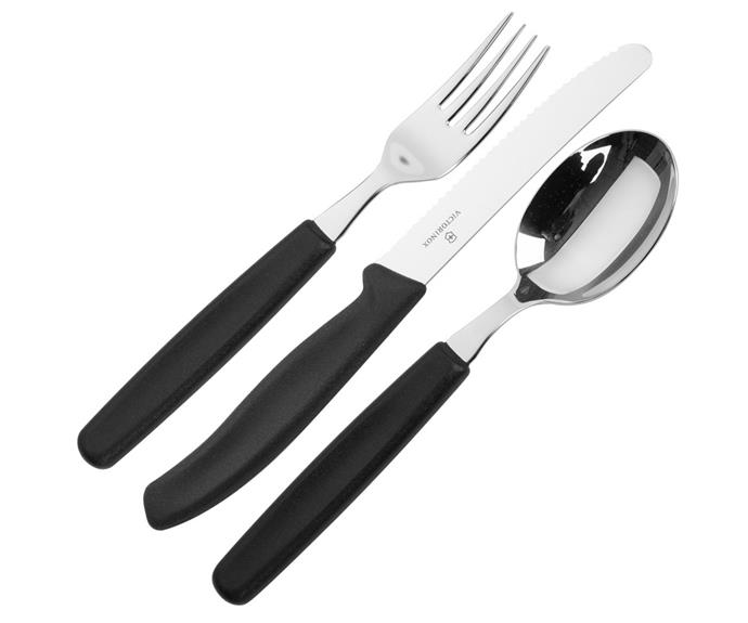 **Cutlery set black 24 piece, $229, Victorinox, available from [Peter's of Kensington](https://www.petersofkensington.com.au/Public/Victorinox-Cutlery-Set-Black-24pce.aspx|target="_blank"|rel="nofollow").** 

For cutlery that will withstand the knocks and scratches of everyday life, this Victorinox set should do it. The brand is better known for their range of Swiss army knives, but this utilitarian cutlery set, made of stainless steel with polypropylene handles, will serve you well for meal times too.