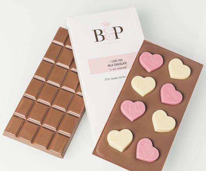 **Burch & Purchese "I Love You" Milk Chocolate Block, 100 gm, $15, [burchandpurchase.com.au](https://www.burchandpurchese.com.au/collections/b-p-valentines-selection/products/i-%E2%9D%A4%EF%B8%8F-you-milk-chocolate-block|target="_blank"|rel="nofollow")**

Who could resist these sweet chocolate hearts inscribed with sweet nothings? From the Melbourne "sweet studio" comes this 100-gram block of Belgian milk chocolate, in which white-chocolate hearts carrying their messages of love, are embedded.