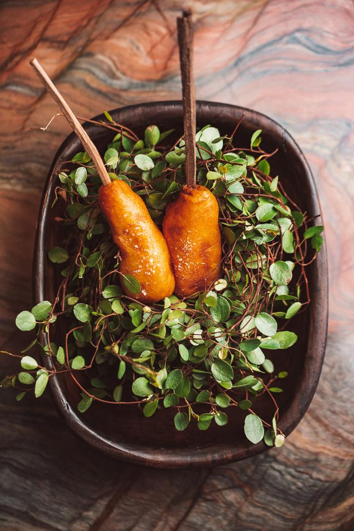 Bayly uses New Zealand produce to serve 'corndogs' with a twist, created using locally-caught scampi.