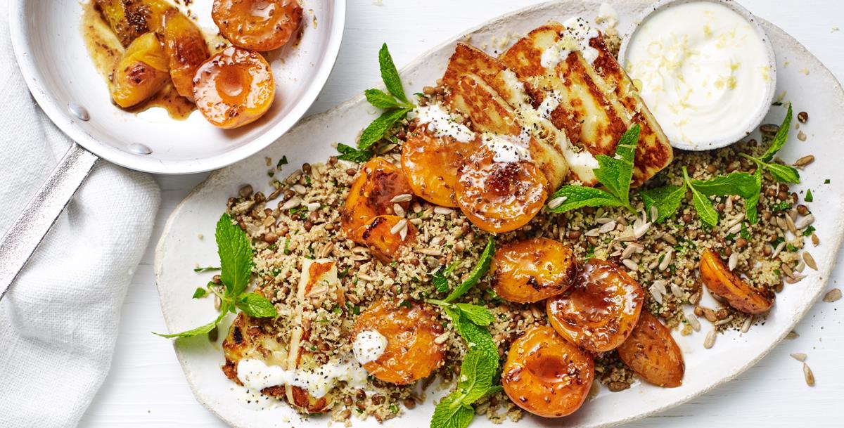 Couscous with haloumi recipe and honey-chilli apricots | Gourmet Traveller
