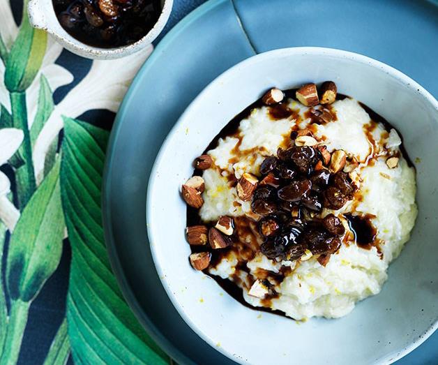 [**Rice pudding with raisins, almonds and coconut syrup**](https://www.gourmettraveller.com.au/recipes/fast-recipes/rice-pudding-with-raisins-almonds-and-coconut-syrup-13727|target="_blank")
