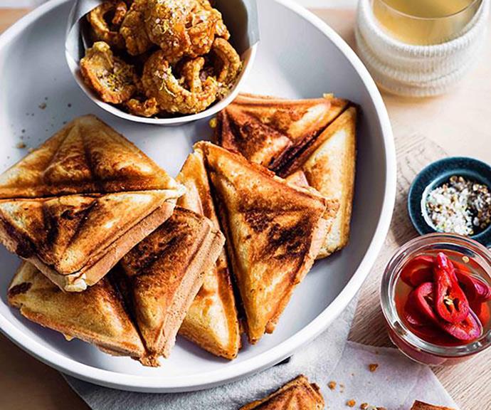 [**Pork and bean jaffles with pickled jalapeños and spiced scratchings**](https://www.gourmettraveller.com.au/recipes/browse-all/pork-and-bean-jaffles-with-pickled-jalapenos-and-spiced-scratchings-11302|target="_blank")
<br>
*Photo: Ben Dearnley*