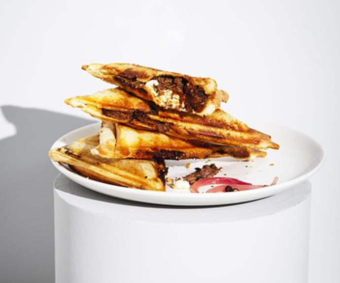 **[Braised beef and feta jaffles with pickled onion](https://www.gourmettraveller.com.au/recipes/browse-all/braised-beef-and-feta-jaffles-with-pickled-onion-16356|target="_blank")**
<br>
*Photo: Ben Dearnley*