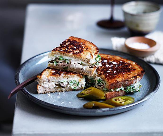 [**Chicken and provolone toasties with pickles and caper aïoli**](https://www.gourmettraveller.com.au/recipes/browse-all/chicken-and-provolone-toasties-with-pickles-and-caper-aioli-12510|target="_blank")
<br>
*Photo: Ben Dearnley*