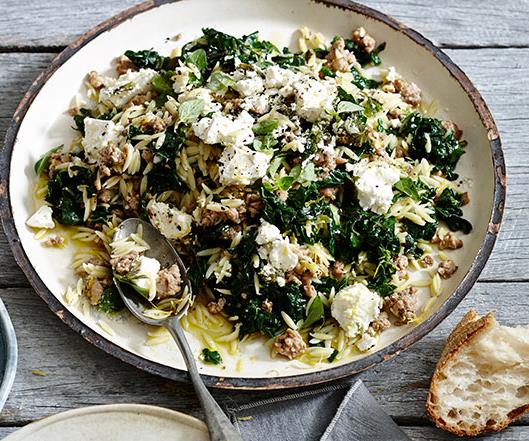 **[Orzo with pork, silverbeet and feta](https://www.gourmettraveller.com.au/recipes/fast-recipes/orzo-with-pork-silverbeet-and-feta-13464|target="_blank")**