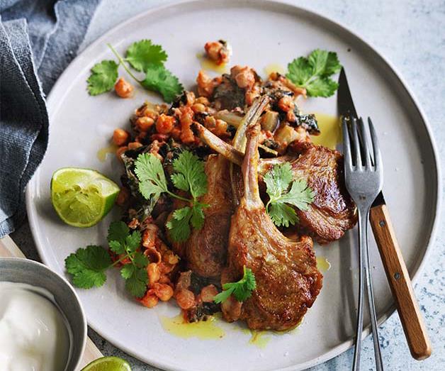 **[Spiced lamb chops with silverbeet, chickpeas and yoghurt](https://www.gourmettraveller.com.au/recipes/fast-recipes/spiced-lamb-chops-with-silverbeet-chickpeas-and-yoghurt-13831|target="_blank")**