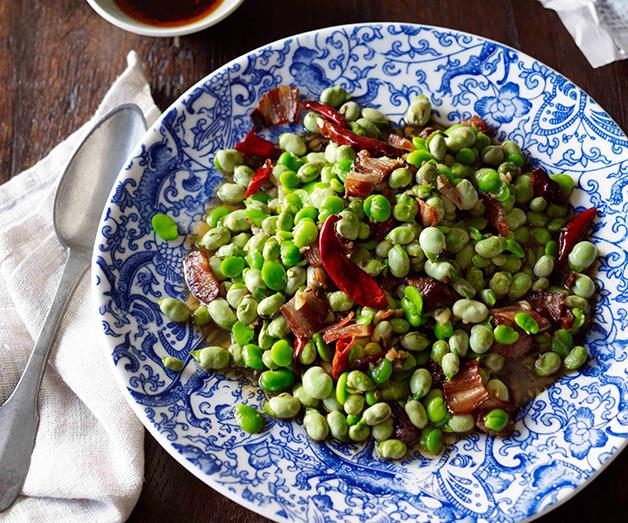 **[Stir-fried broad beans with Chinese bacon (La rou chao candou)](https://www.gourmettraveller.com.au/recipes/browse-all/stir-fried-broad-beans-with-chinese-bacon-la-rou-chao-candou-11246|target="_blank")**