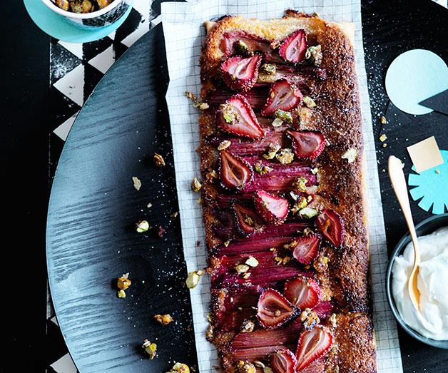 **[Rhubarb and strawberry tart with candied pistachio and fennel seeds](https://www.gourmettraveller.com.au/recipes/browse-all/rhubarb-and-strawberry-tart-with-candied-pistachio-and-fennel-seeds-12107|target="_blank")**