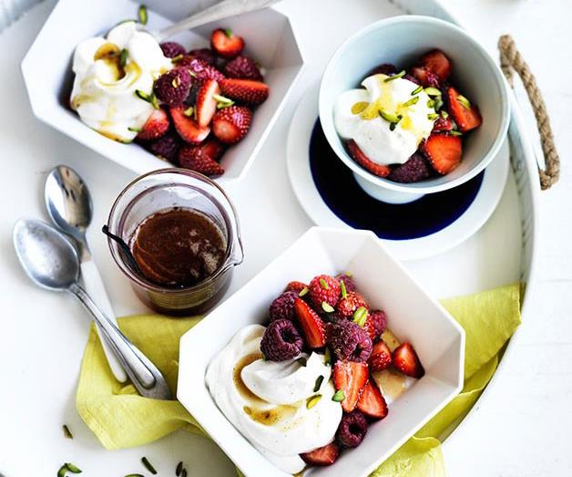 [**Berries with honey caramel and pistachios**](https://www.gourmettraveller.com.au/recipes/fast-recipes/berries-with-honey-caramel-and-pistachios-13569|target="_blank")